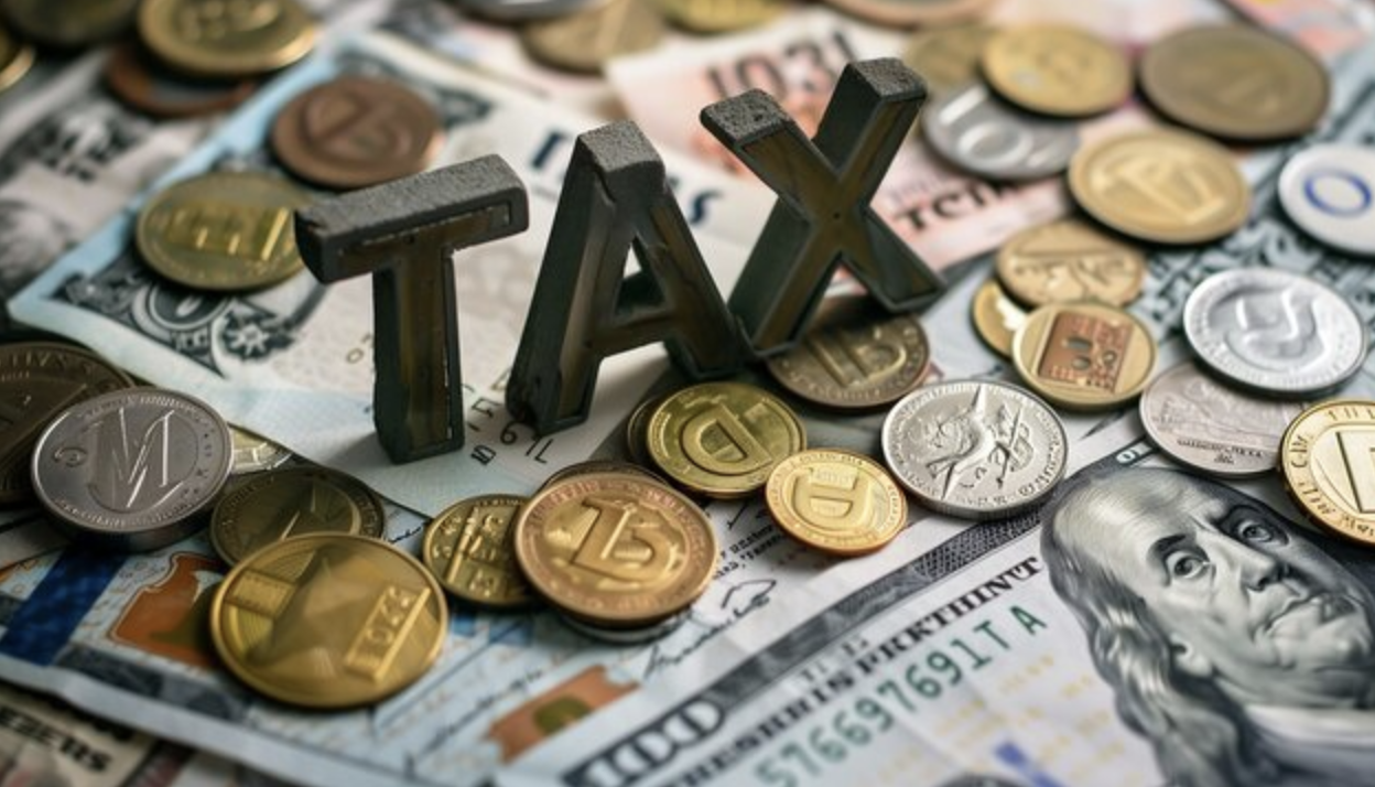 TAX letters on international currency pile, representing finance & economics.