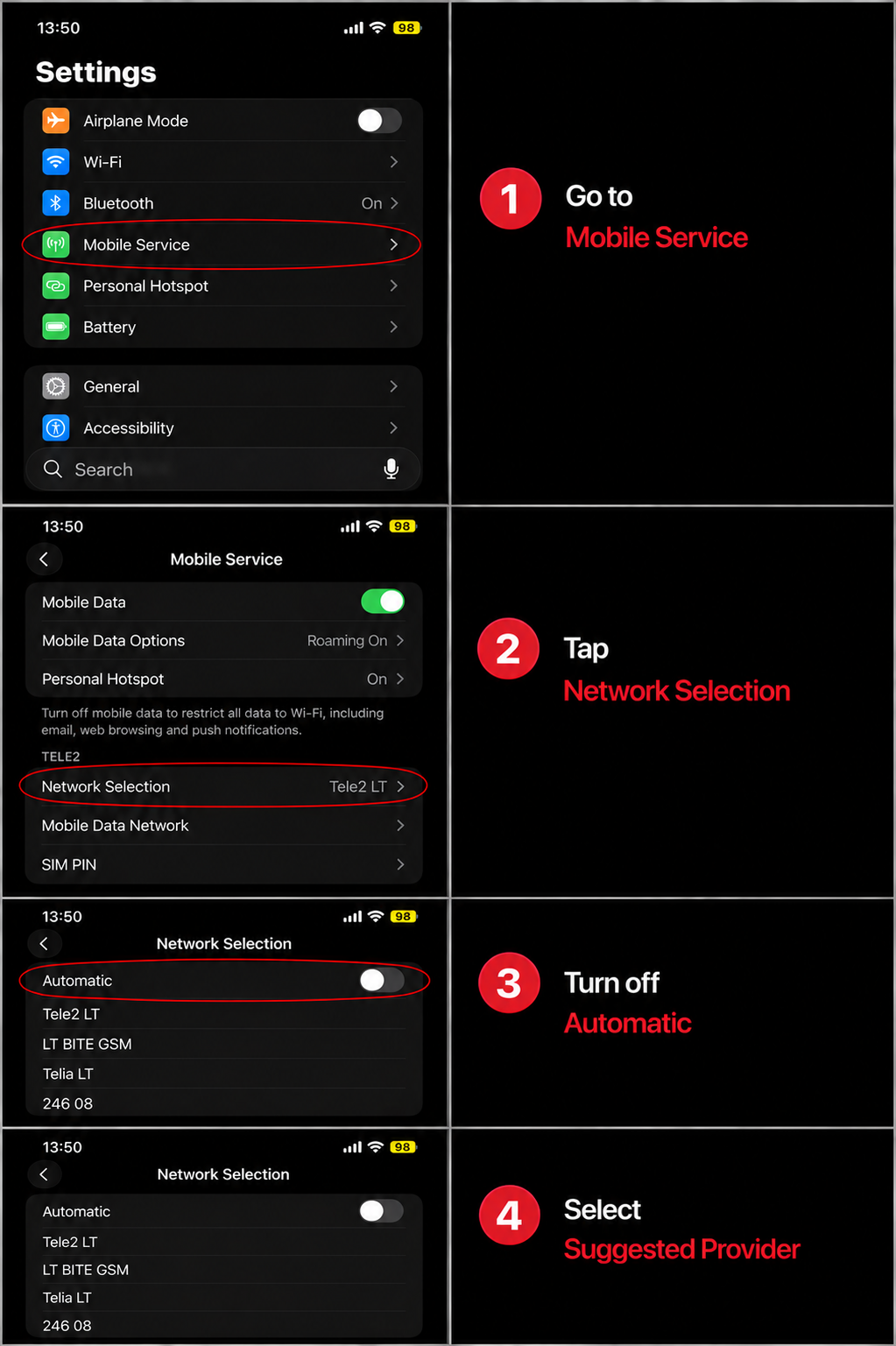 4-step iPhone guide: Go to Mobile Service, tap Network Selection, turn off Automatic, select a suggested provider
